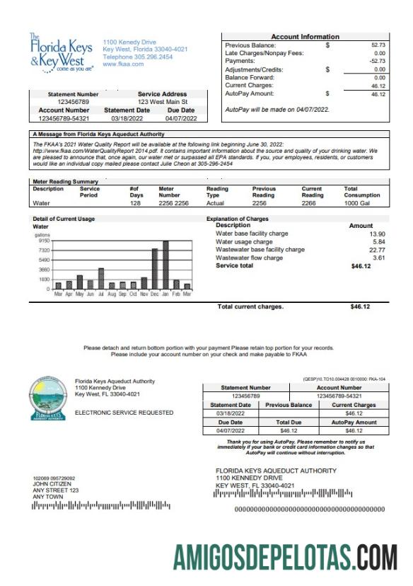 realista Modelo de conta de serviços públicos EUA Flórida Florida Keys em formato Word e PDF